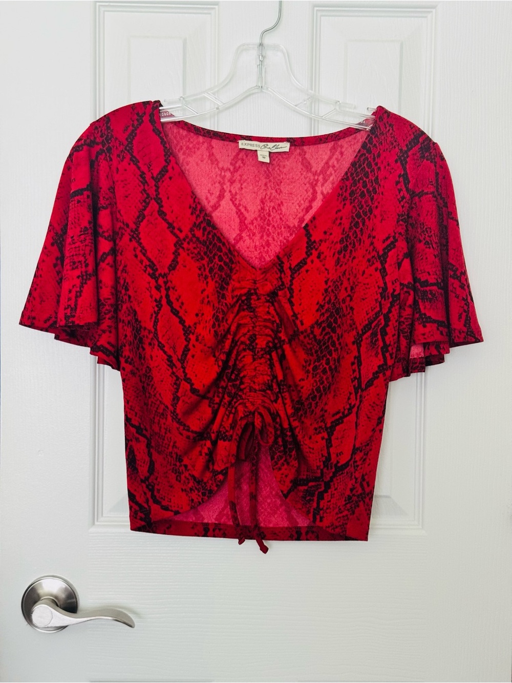 Express Y2K Indie Sleeze Red and Black Snake Print Ruched V-Neck Crop Top